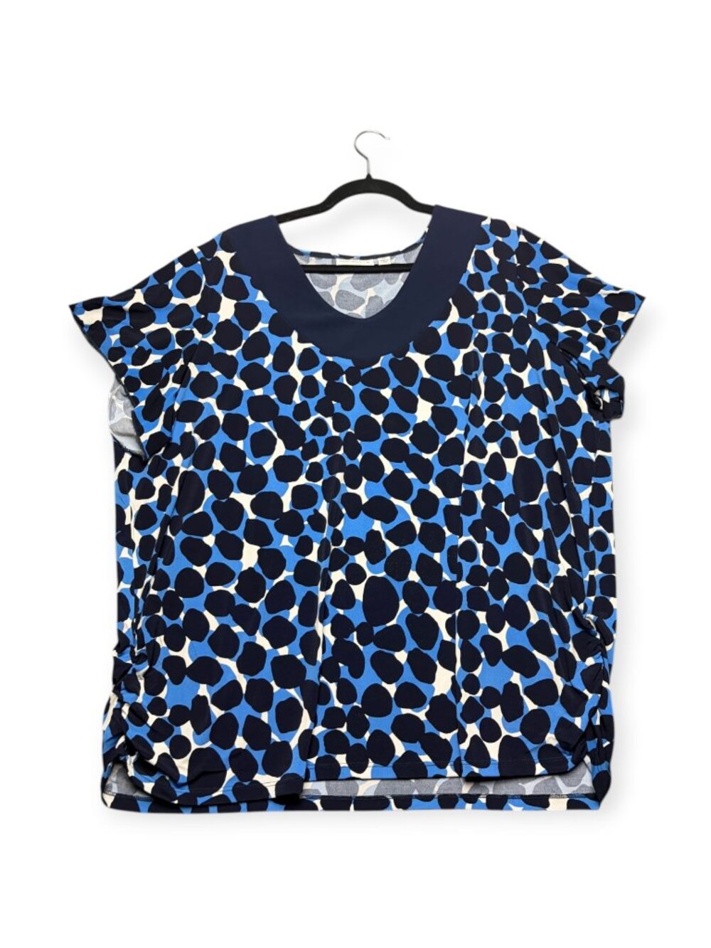 Susan Graver Size 2x Liquid Knit Blue Black Office Top Short Sleeve Dot Print